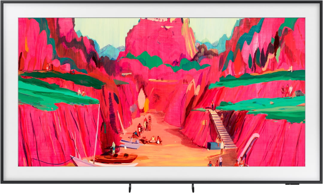 TV displaying a vibrant painting of a landscape with people and boats