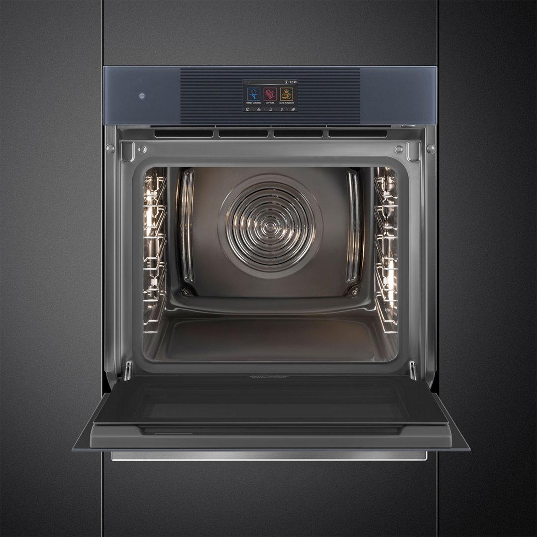 Built-in Smeg oven with door open, showing interior and control panel