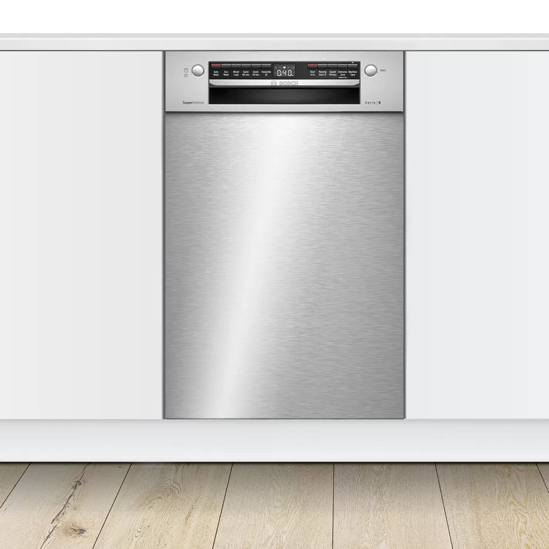 Built-under Bosch Series 6 dishwasher with a stainless steel finish in a kitchen setting