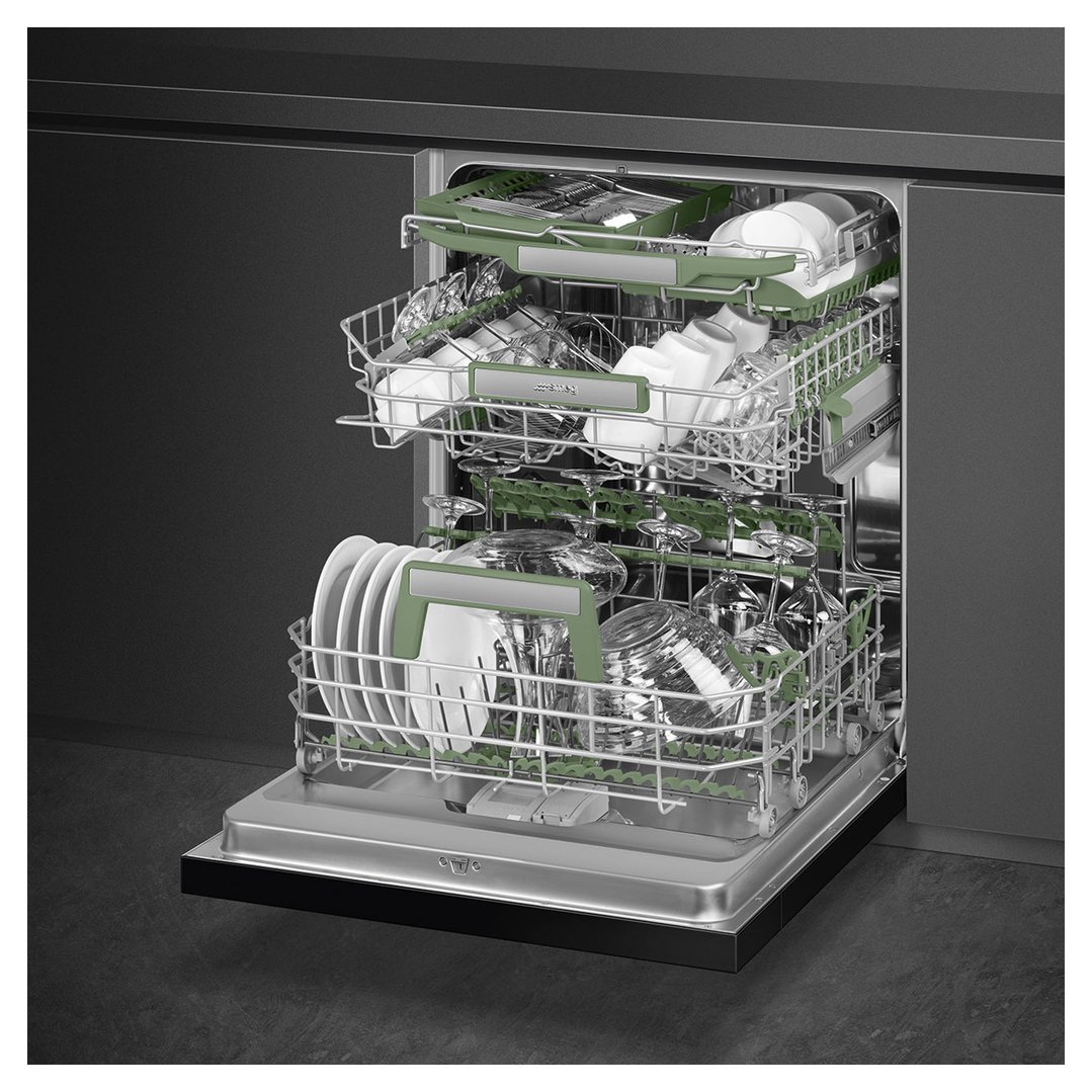Open dishwasher with dishes inside, integrated into a dark kitchen cabinet