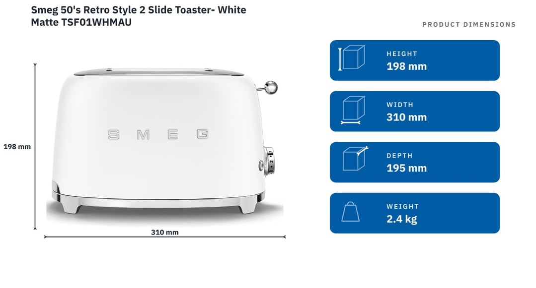 Smeg 50's Retro Style 2 Slide Toaster- White Matte TSF01WHMAU