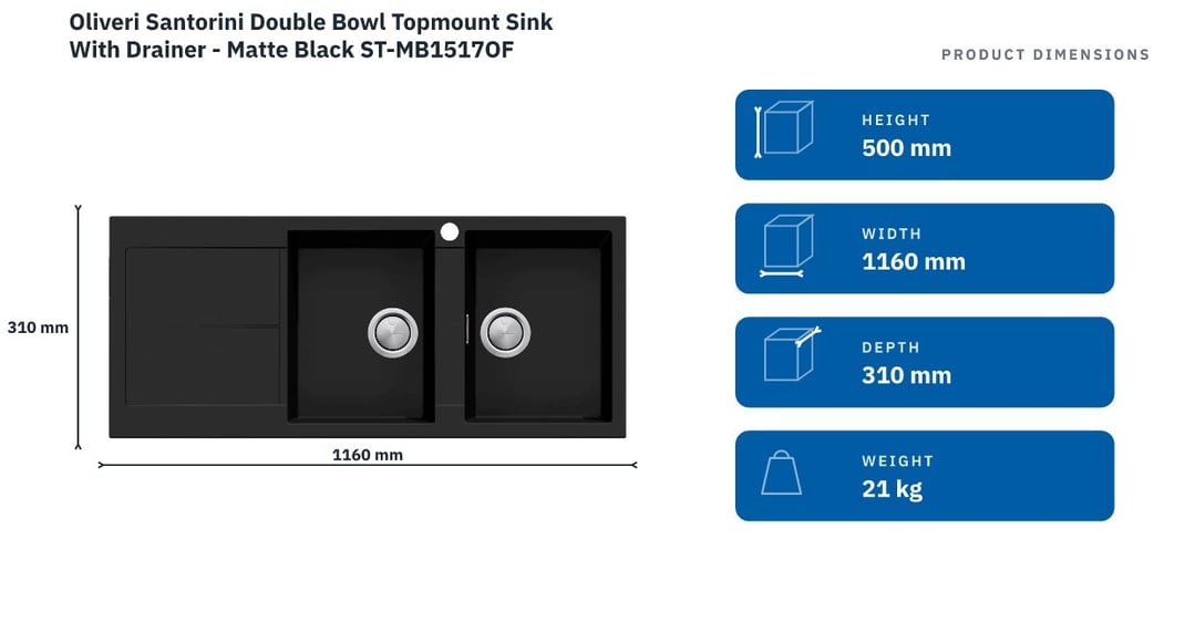 Oliveri Santorini Double Bowl Topmount Sink With Drainer - Matte Black ST-MB1517OF — product dimensions
