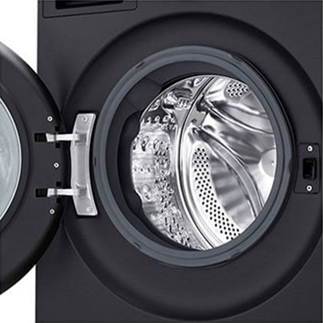 Close up of an open matte black washer dryer combo door