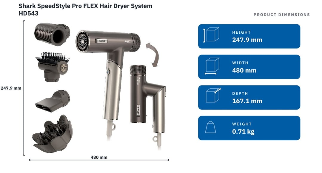 Shark SpeedStyle Pro FLEX Hair Dryer System HD543 — product dimensions
