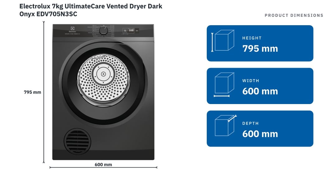 Electrolux 7kg UltimateCare Vented Dryer Dark Onyx EDV705N3SC — product dimensions