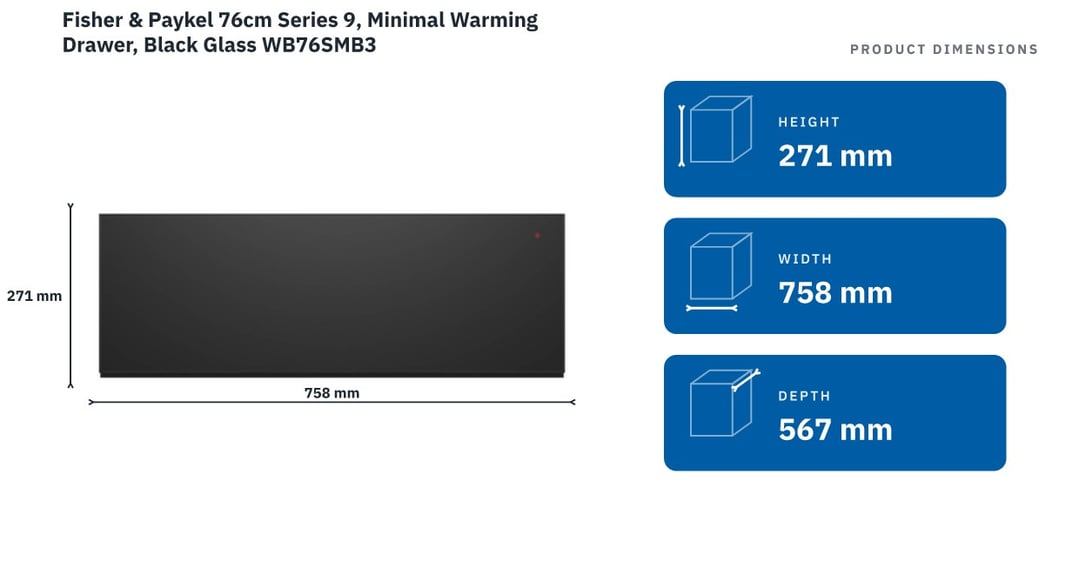 Fisher & Paykel 76cm Series 9, Minimal Warming Drawer, Black Glass WB76SMB3 — product dimensions