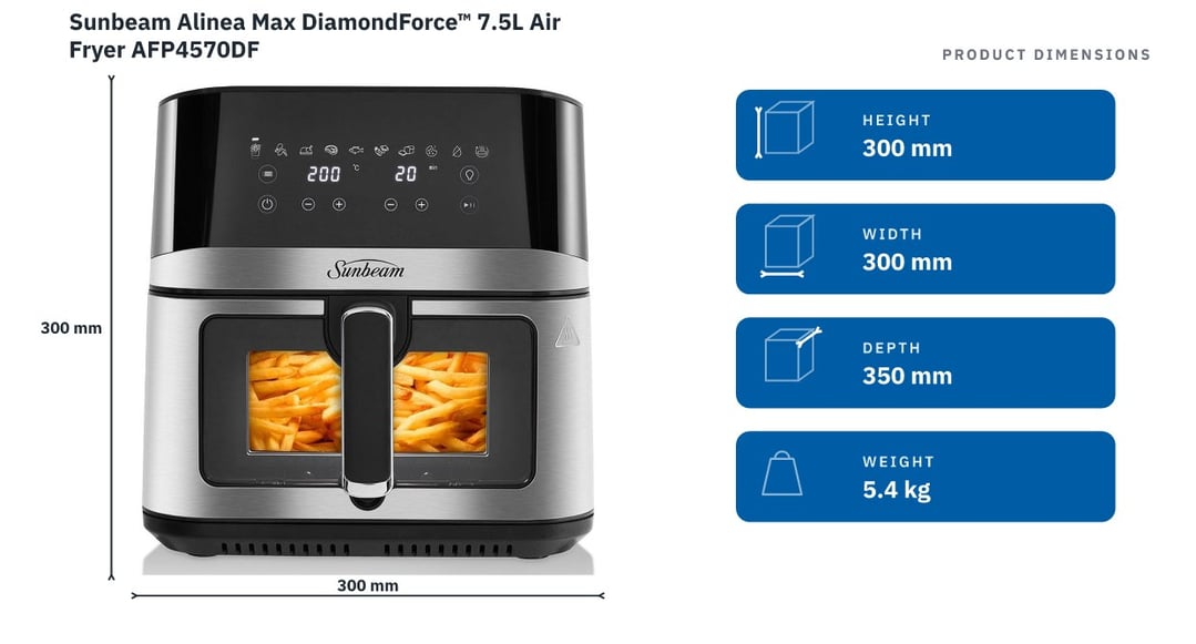 Sunbeam Alinea Max DiamondForce™ 7.5L Air Fryer AFP4570DF — product dimensions