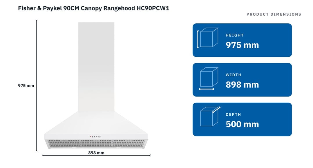 Fisher & Paykel 90CM Canopy Rangehood HC90PCW1 — product dimensions