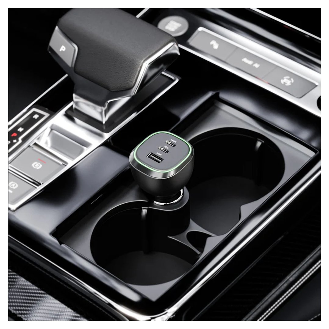 Rapid Power 165W USB-C Car Charger plugged into a car's center console