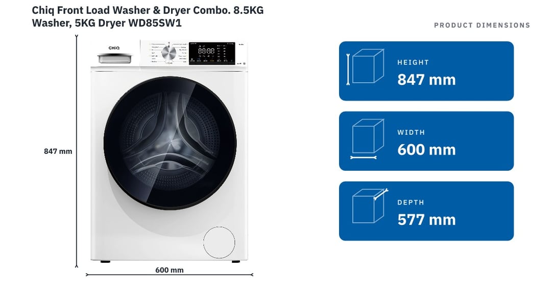 Chiq Front Load Washer & Dryer Combo. 8.5KG Washer, 5KG Dryer WD85SW1