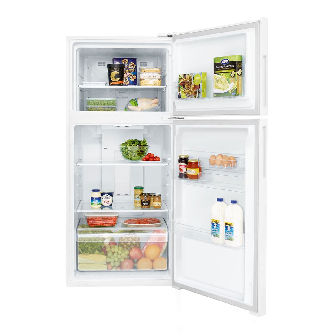 Open Kelvinator top mount fridge filled with food and drinks