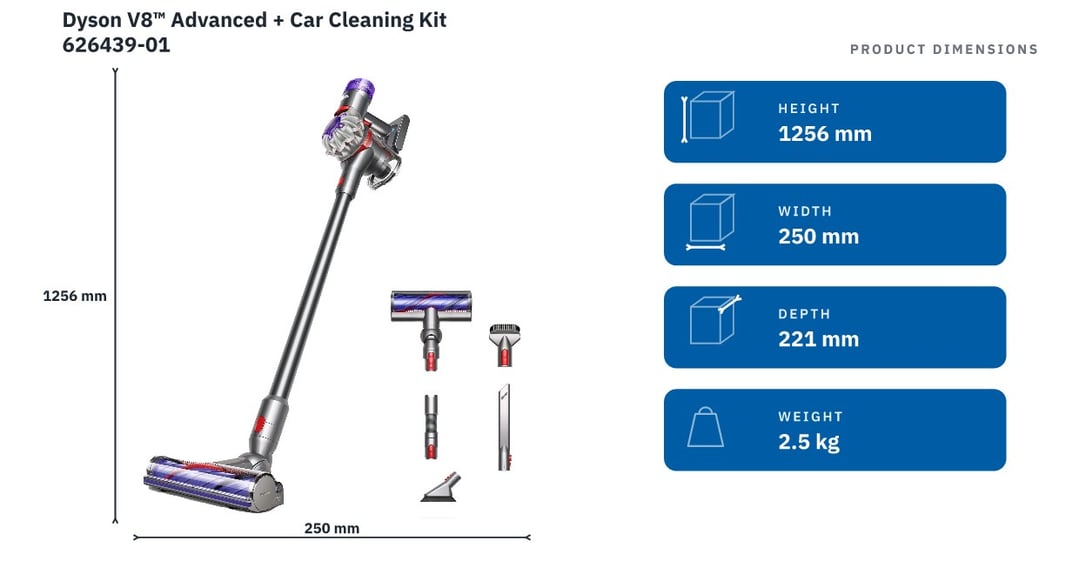 Dyson V8™ Advanced + Car Cleaning Kit 626439-01 — product dimensions