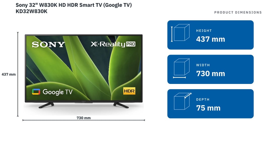 Sony 32" W830K HD HDR Smart TV (Google TV) KD32W830K — product dimensions