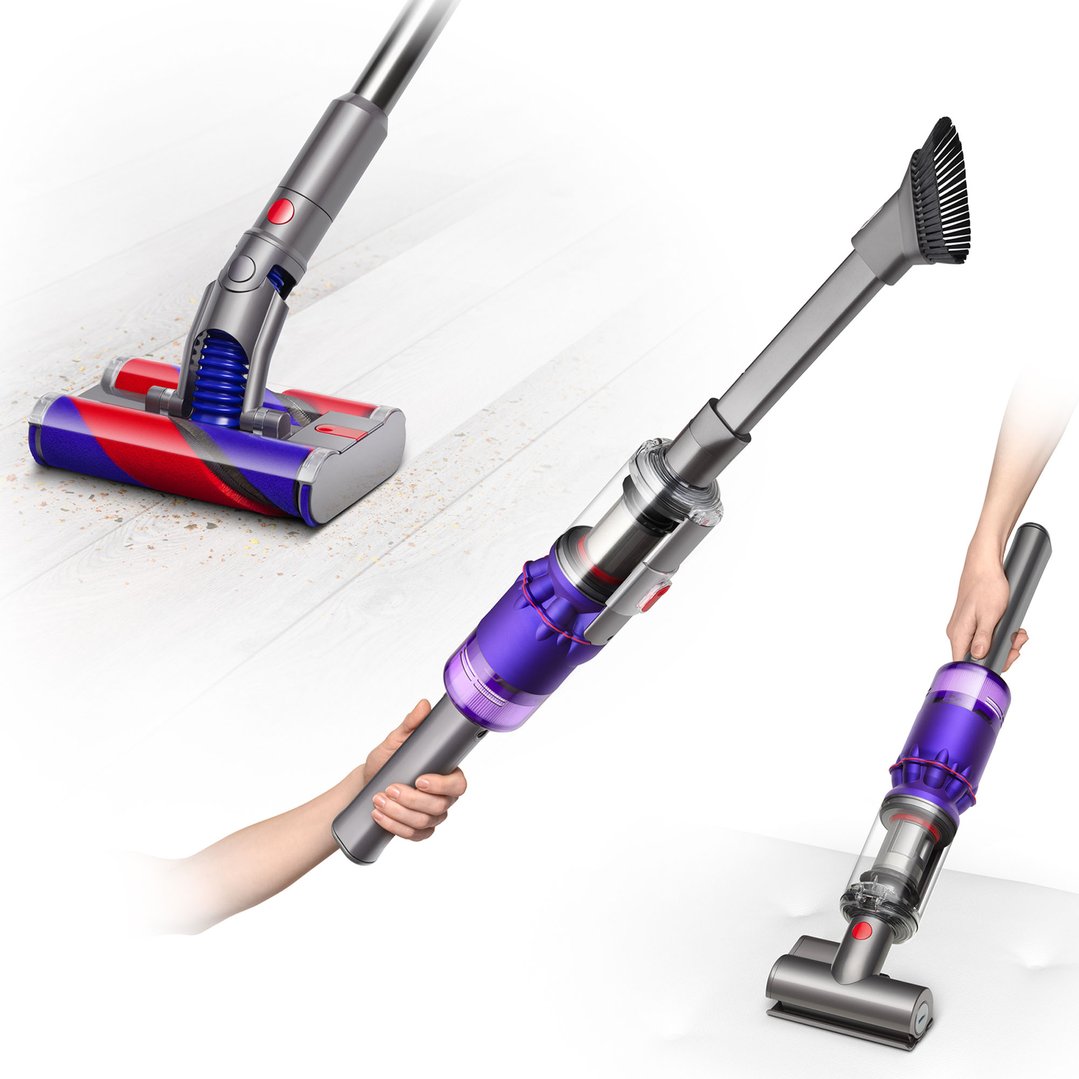 Three views of a Dyson Omni-glide™ Stick Vacuum being used on different surfaces