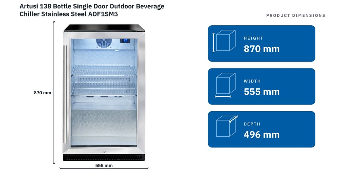 Artusi 138 Bottle Single Door Outdoor Beverage Chiller Stainless Steel AOF1SM5 — product dimensions