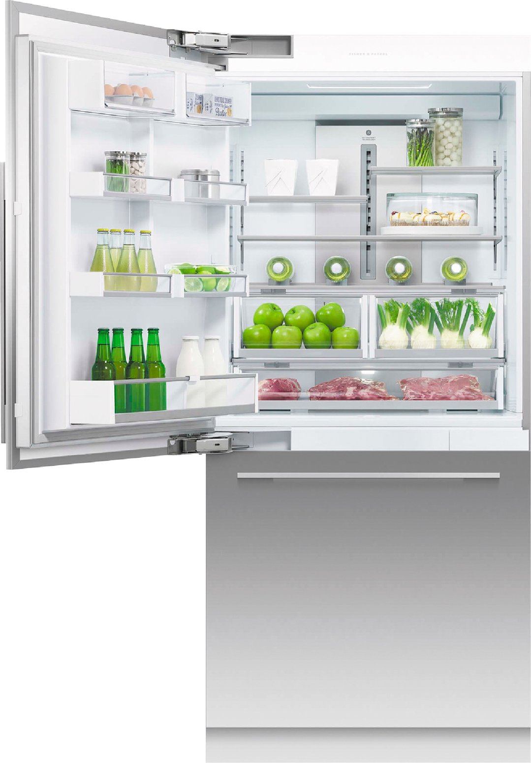 Open integrated refrigerator freezer filled with food and drinks