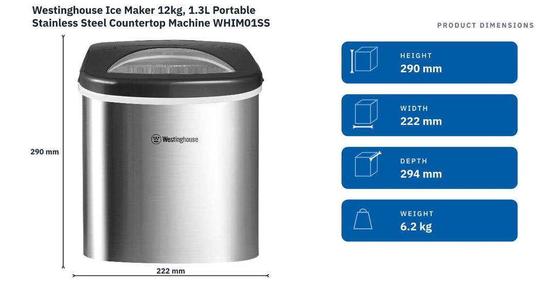 Westinghouse Ice Maker 12kg, 1.3L Portable Stainless Steel Countertop Machine WHIM01SS — product dimensions