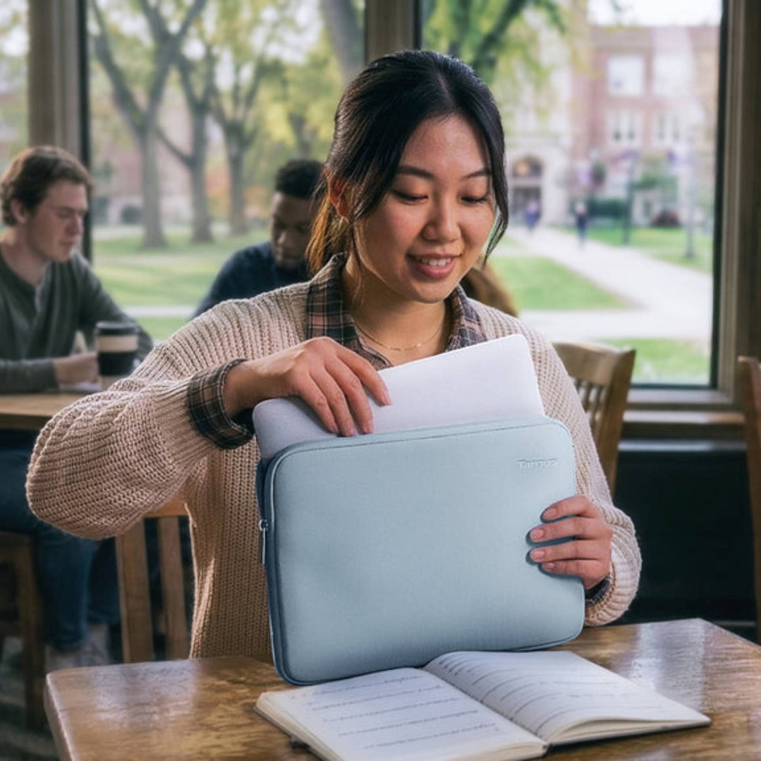 Woman placing a laptop into a blue Targus laptop sleeve at a table