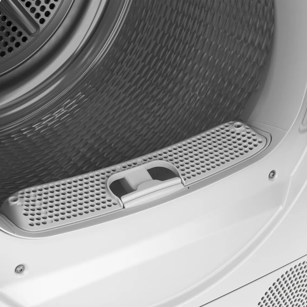 Close-up of the interior drum and lint filter of a white Bosch dryer