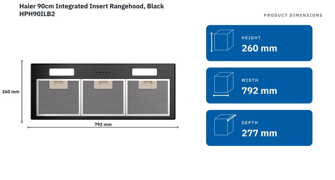 Haier 90cm Integrated Insert Rangehood, Black HPH90ILB2 — product dimensions