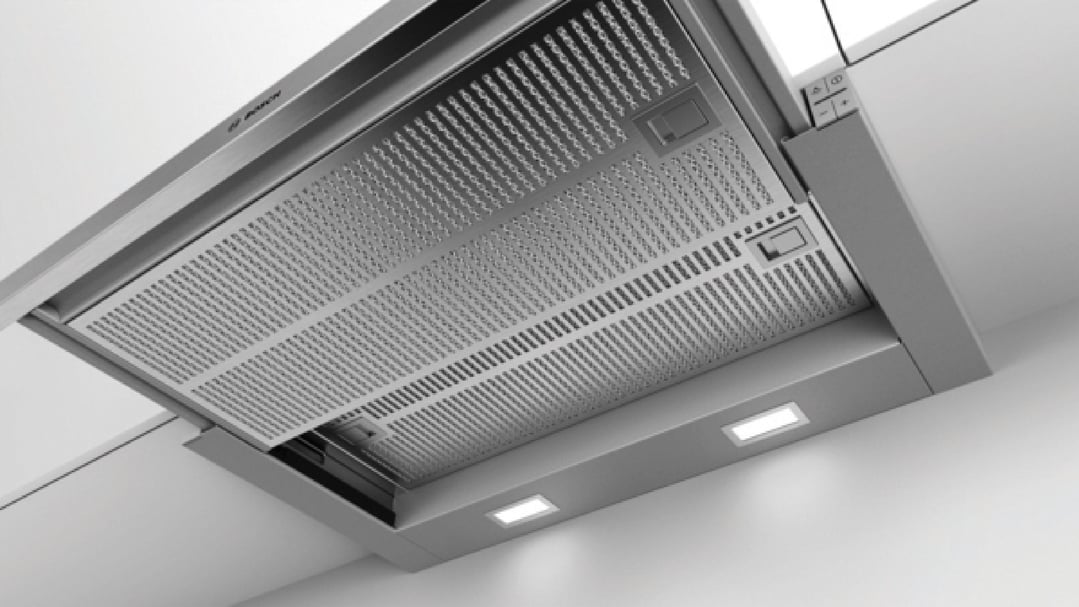 Under-cabinet slideout rangehood with two lights, installed in a modern kitchen