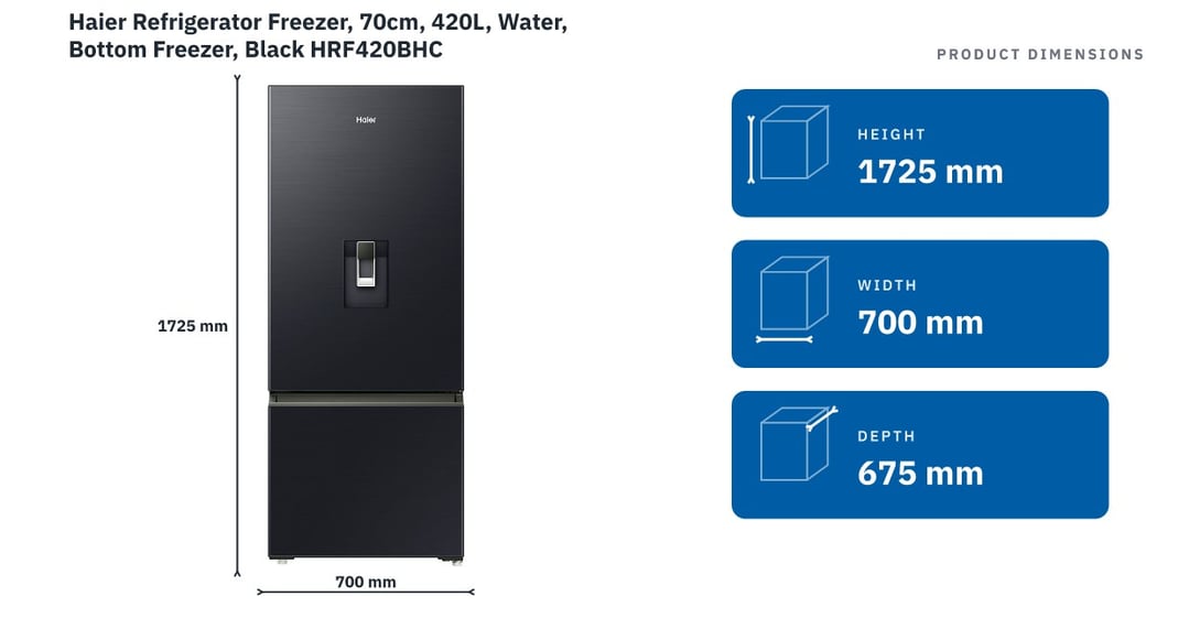 Haier Refrigerator Freezer, 70cm, 420L, Water, Bottom Freezer, Black HRF420BHC