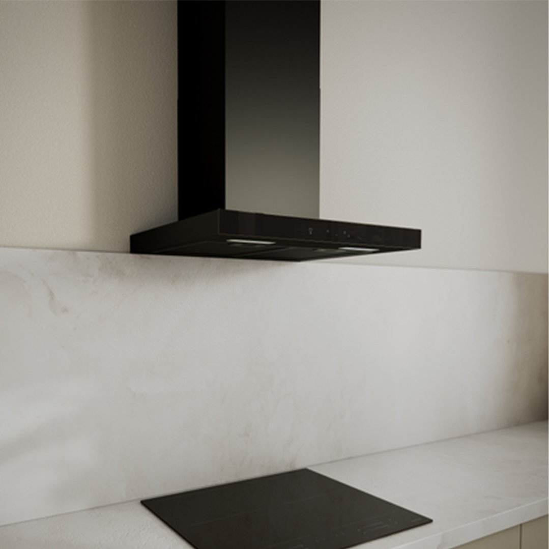 Black Haier rangehood and cooktop in a modern kitchen setting