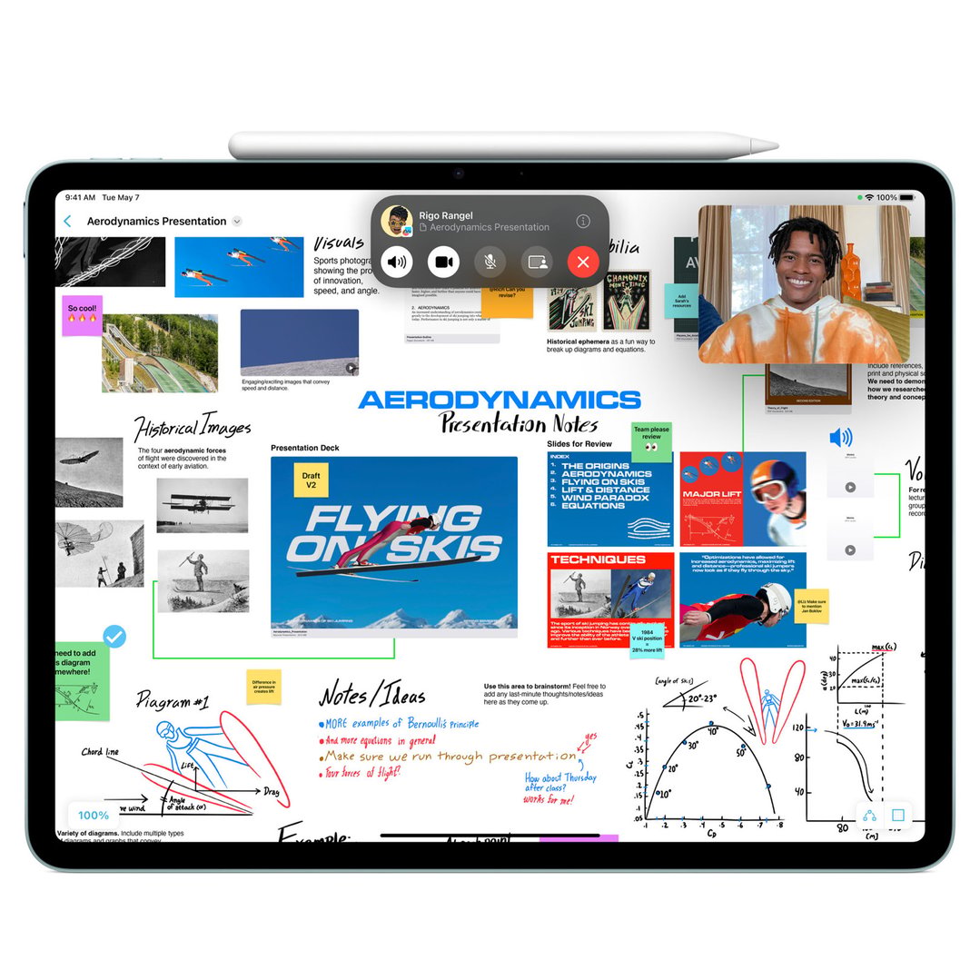 A Pencil Pro rests on an iPad displaying a presentation with notes and diagrams