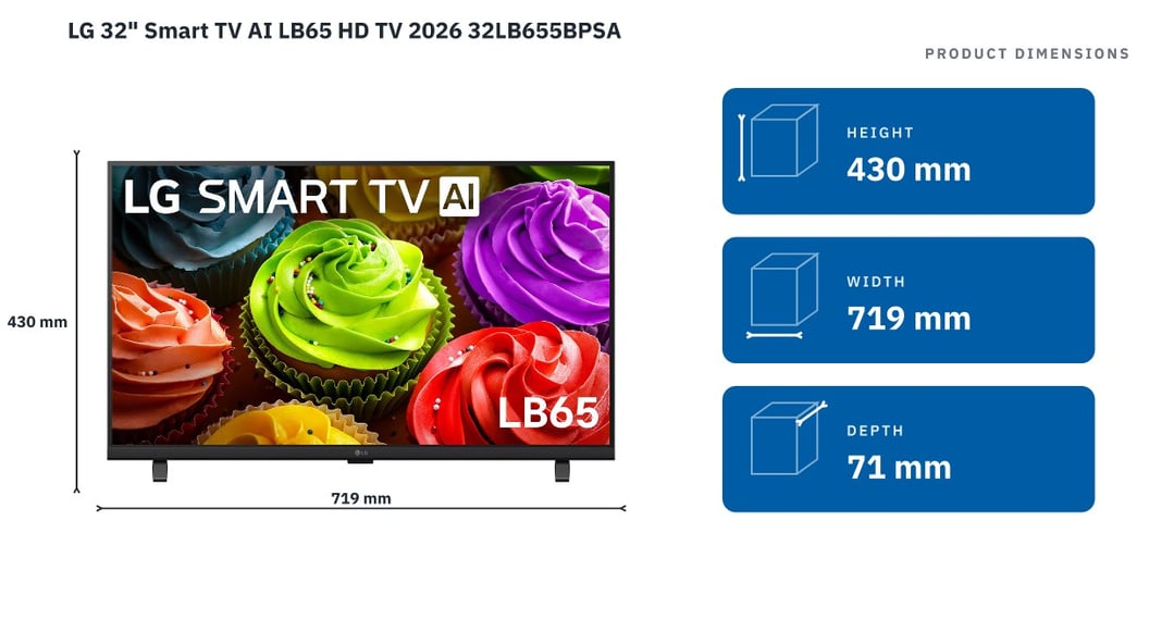 LG 32" Smart TV AI LB65 HD TV 2026 32LB655BPSA — product dimensions