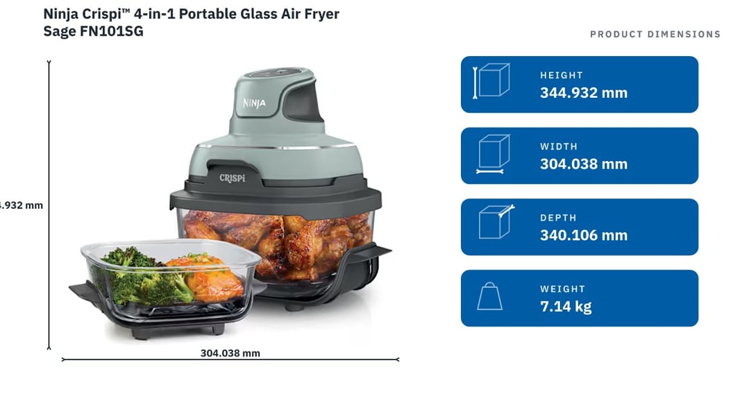 Ninja Crispi™ 4-in-1 Portable Glass Air Fryer Sage FN101SG — product dimensions