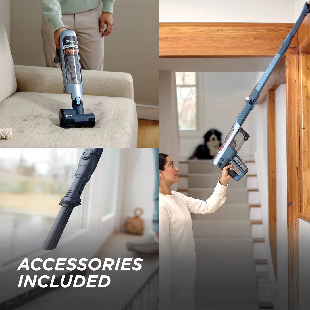 Multiple views of a Shark handstick vacuum being used in a home setting