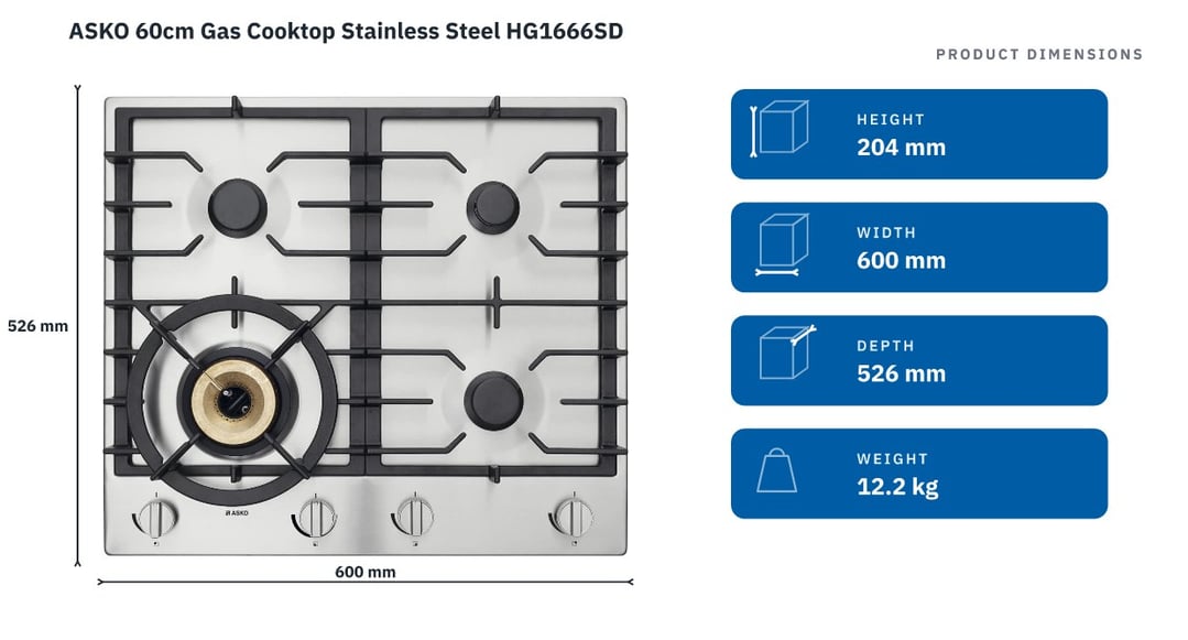 ASKO 60cm Gas Cooktop Stainless Steel HG1666SD — product dimensions