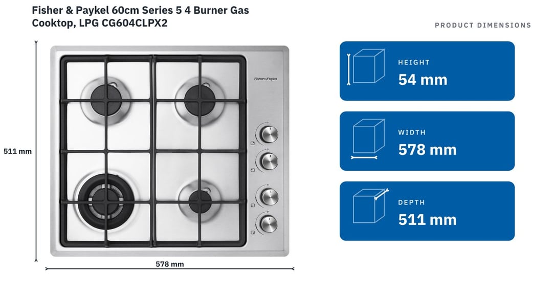 Fisher & Paykel 60cm Series 5 4 Burner Gas Cooktop, LPG CG604CLPX2 — product dimensions