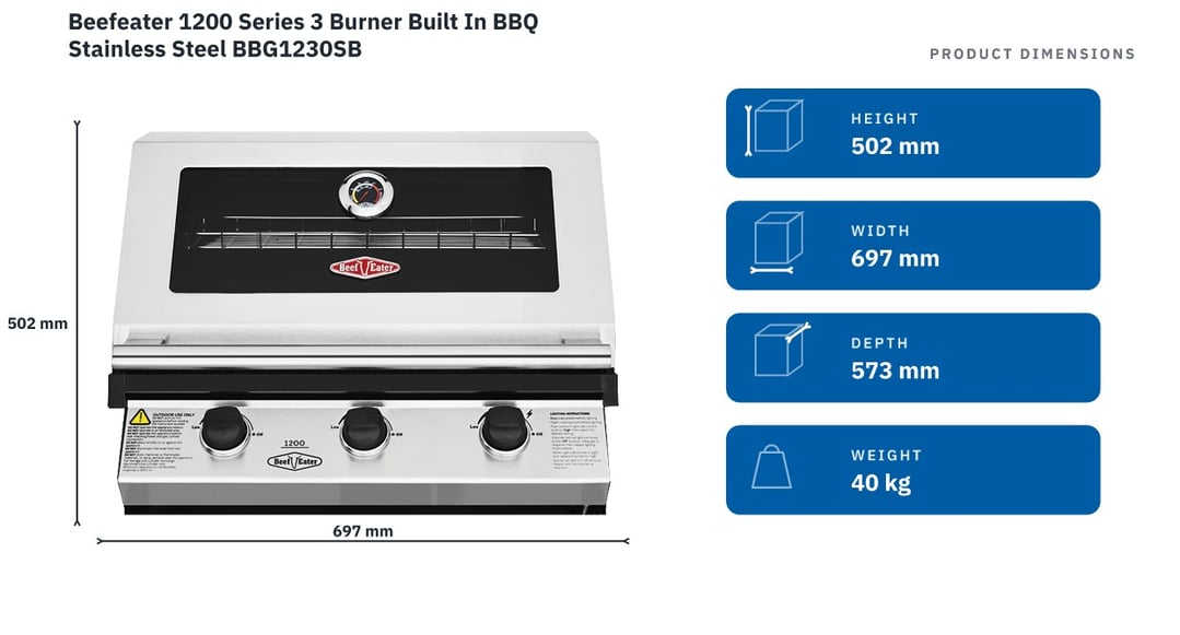 Beefeater 1200 Series 3 Burner Built In BBQ Stainless Steel BBG1230SB — product dimensions