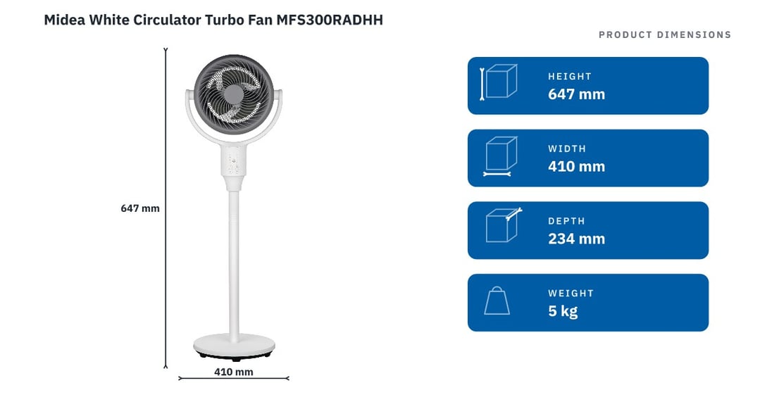 Midea White Circulator Turbo Fan MFS300RADHH — product dimensions