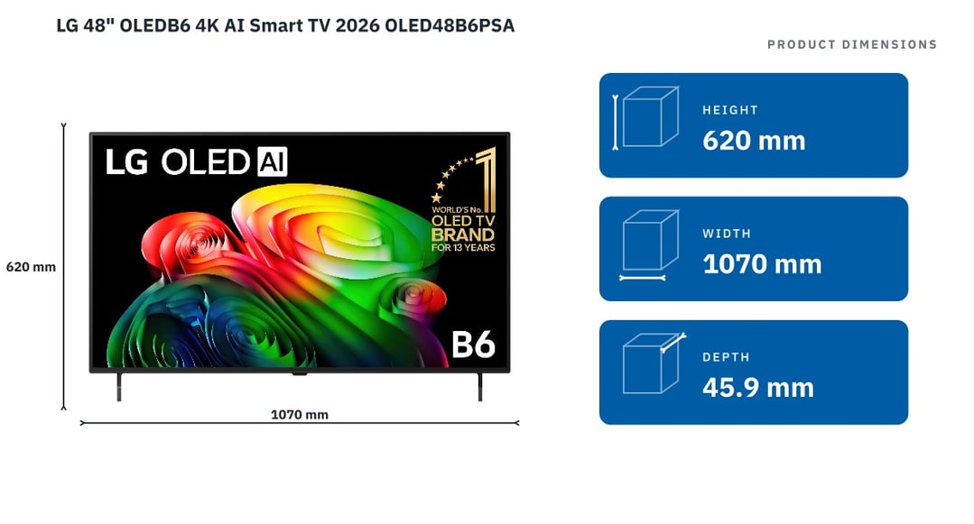 LG 48" OLEDB6 4K AI Smart TV 2026 OLED48B6PSA — product dimensions