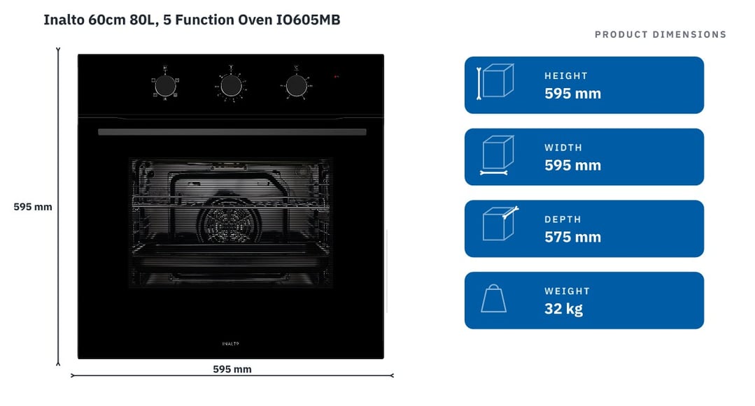 Inalto 60cm 80L, 5 Function Oven IO605MB — product dimensions