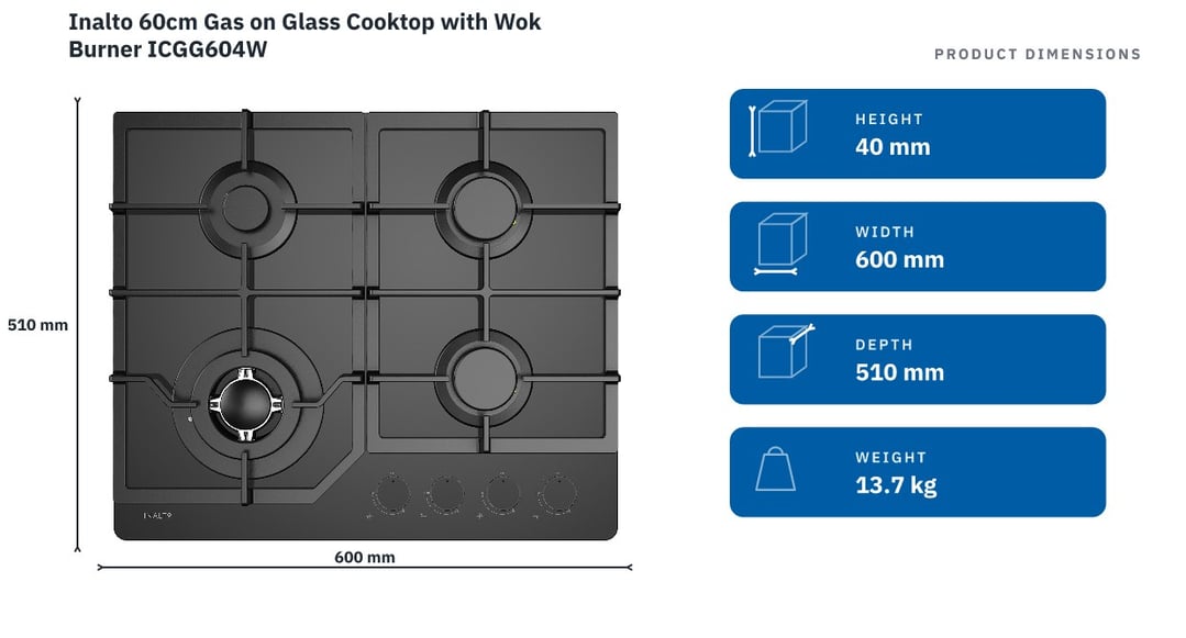 Inalto 60cm Gas on Glass Cooktop with Wok Burner ICGG604W — product dimensions