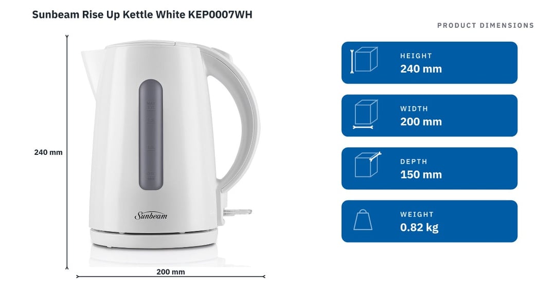 Sunbeam Rise Up Kettle White KEP0007WH — product dimensions