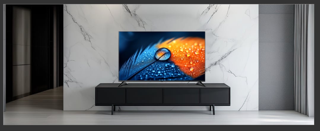 A 58-inch 4K QLED Google Smart TV on a black media console