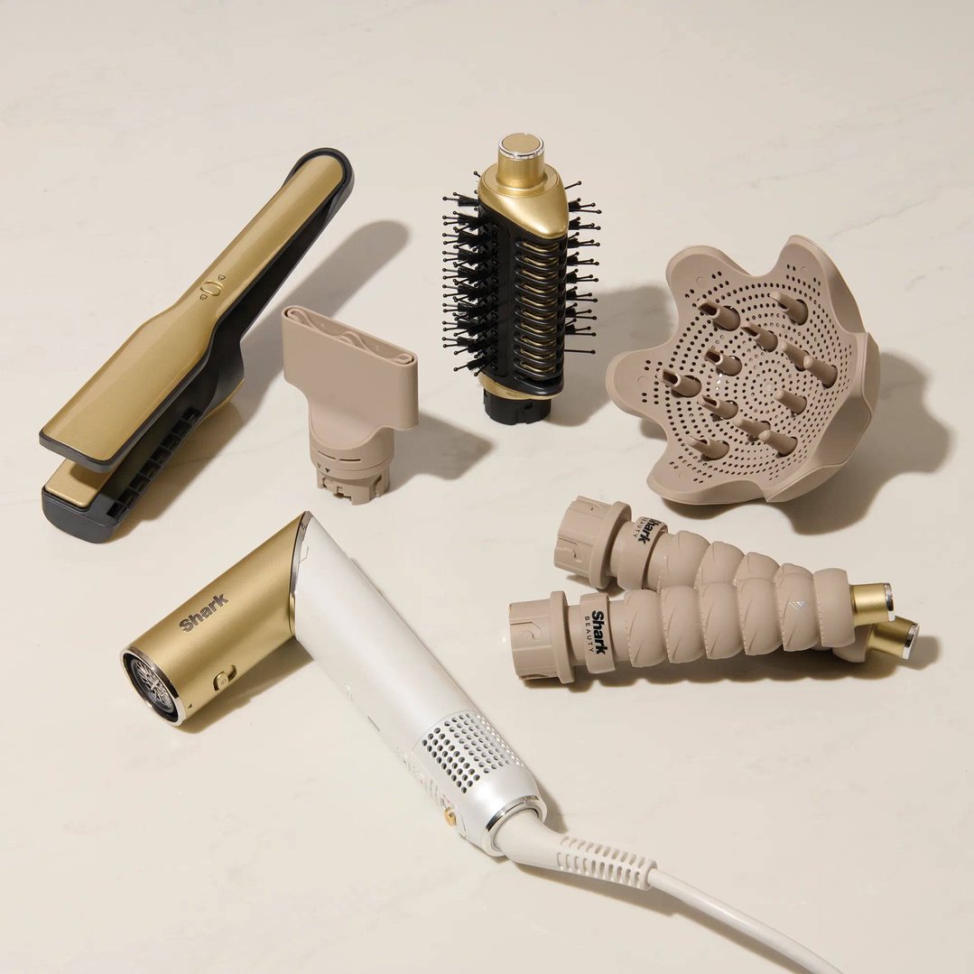 Shark Glam Hot Tool Air Drying & Styling System and attachments on a marble surface