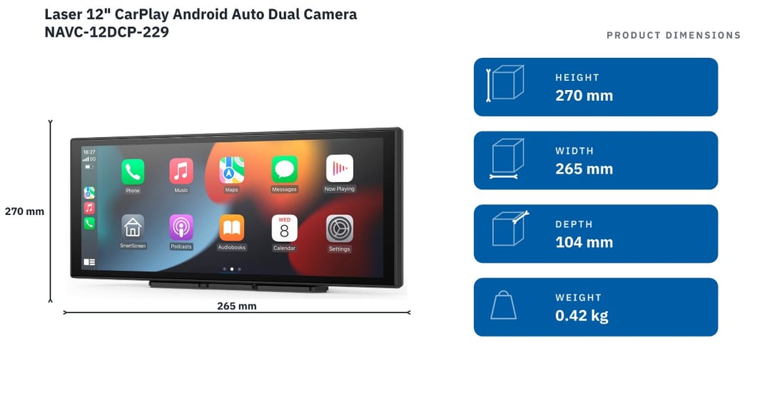 Laser 12" CarPlay Android Auto Dual Camera NAVC-12DCP-229 — product dimensions