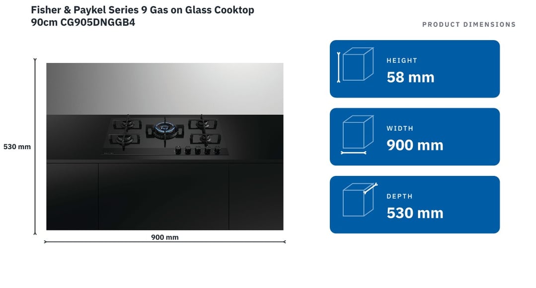 Fisher & Paykel Series 9 Gas on Glass Cooktop 90cm CG905DNGGB4 — product dimensions