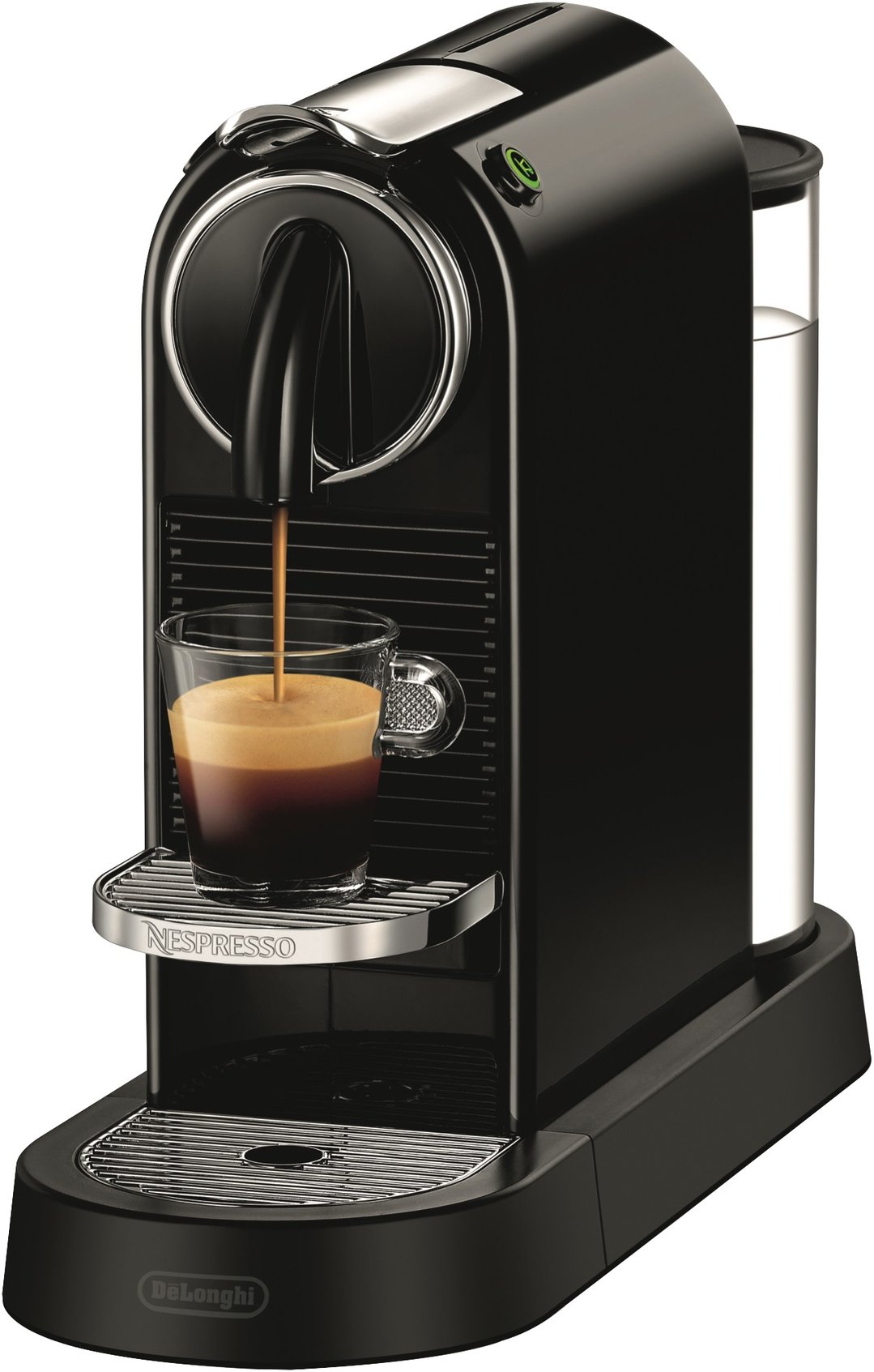 Black Nespresso coffee machine brewing coffee into a clear glass mug