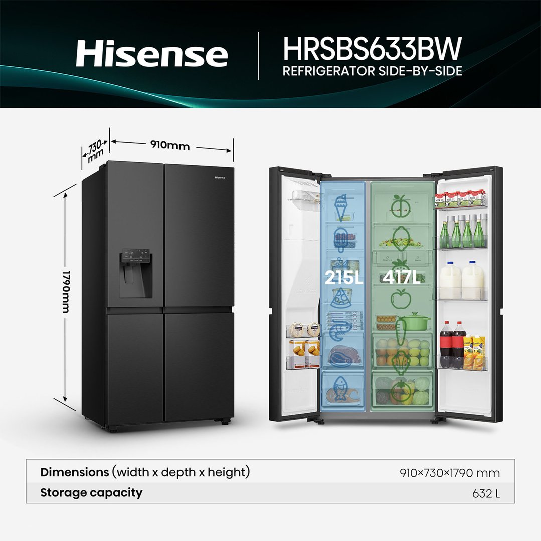 Hisense 632L Side by Side Black Fridge HRSBS633BW