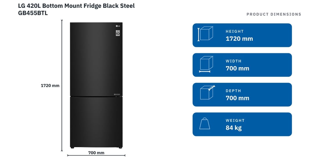LG 420L Bottom Mount Fridge Black Steel GB455BTL