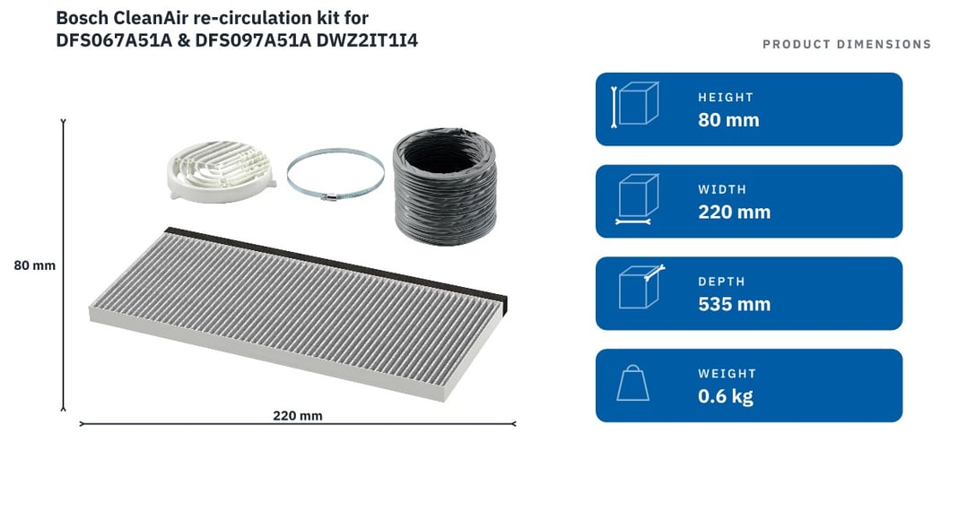 Bosch CleanAir re-circulation kit for DFS067A51A & DFS097A51A DWZ2IT1I4 — product dimensions