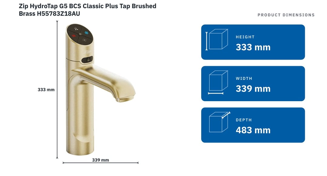 Zip HydroTap G5 BCS Classic Plus Tap Brushed Brass H55783Z18AU — product dimensions