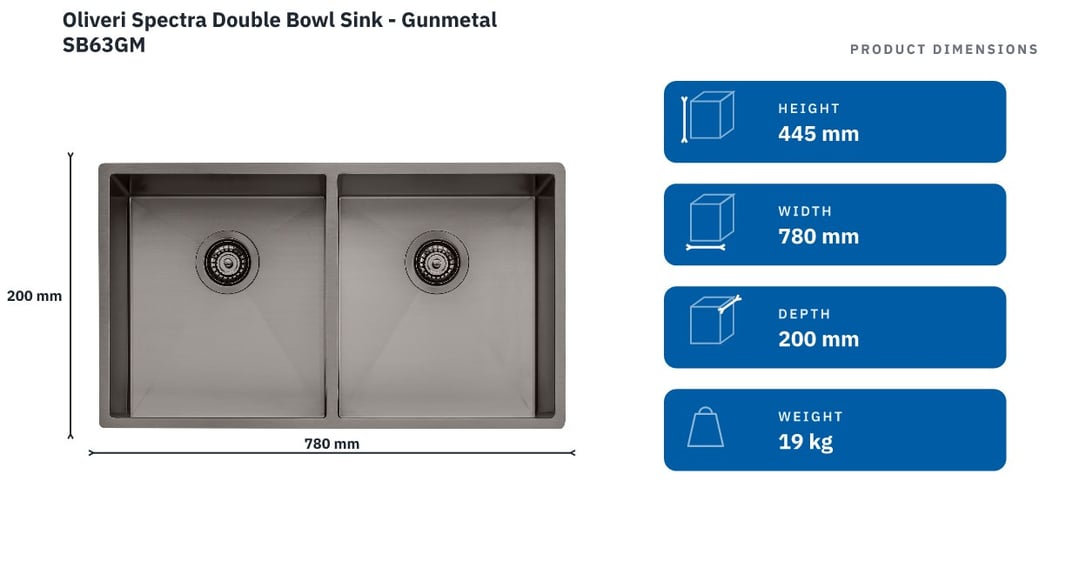 Oliveri Spectra Double Bowl Sink - Gunmetal SB63GM — product dimensions