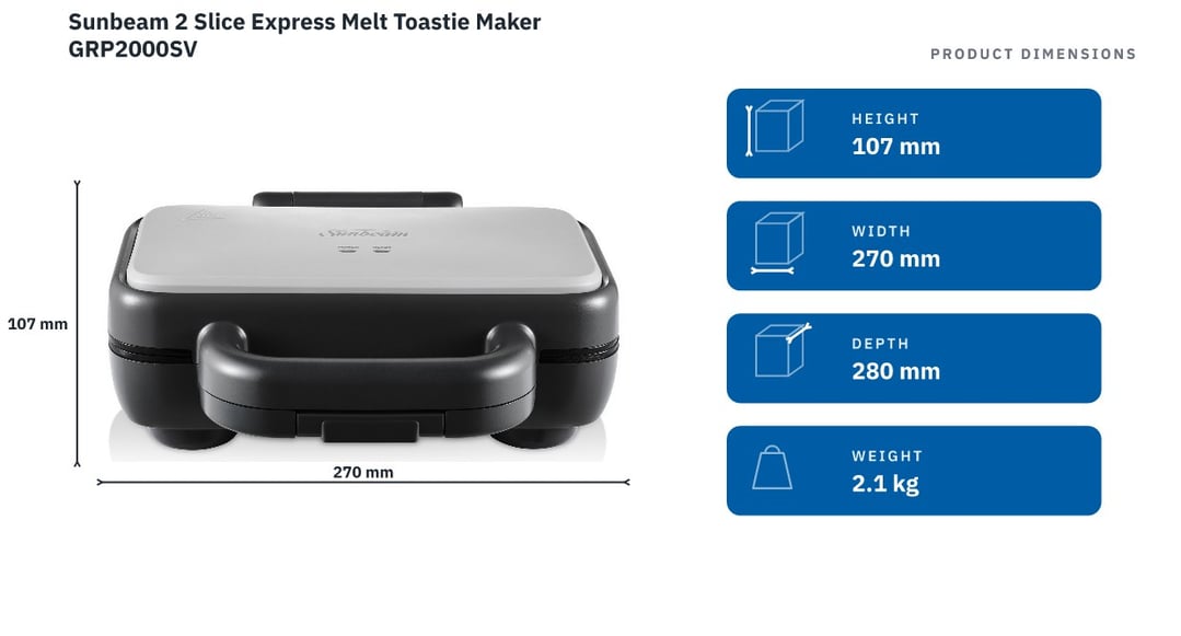 Sunbeam 2 Slice Express Melt Toastie Maker GRP2000SV — product dimensions